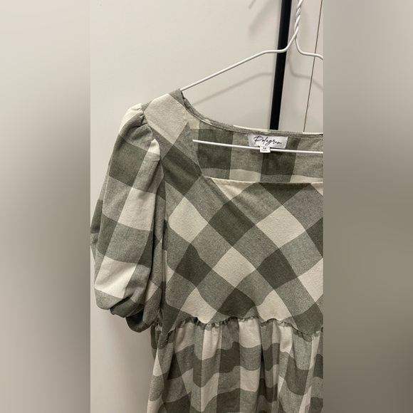 Square Neck Green & White Buffalo Plaid Puff Sleeve Midi Dress - Picture 4 of 7